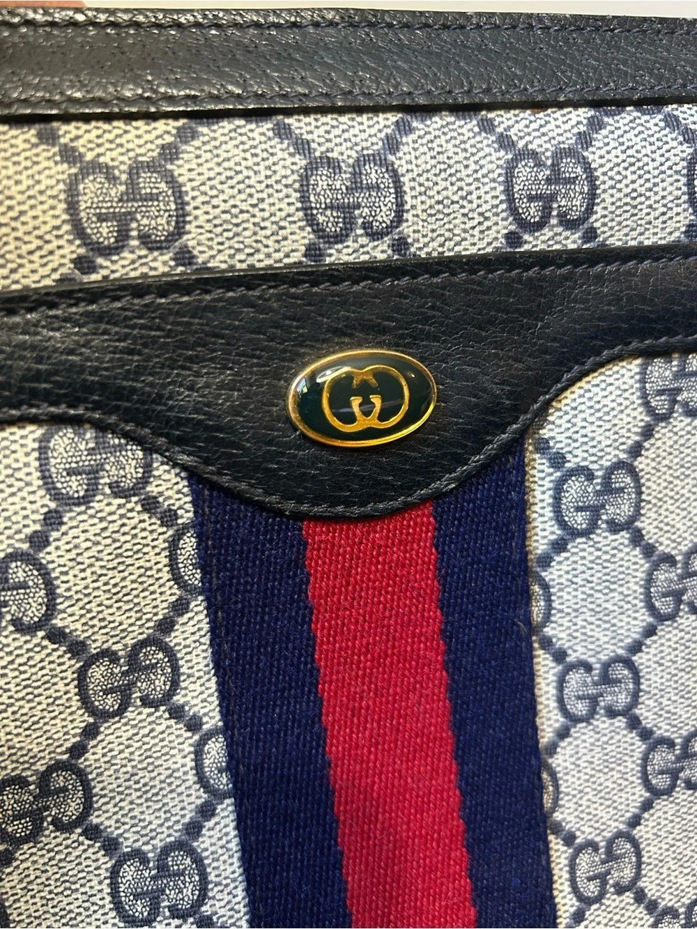 Gucci Vintage GG Supreme Navy Web Stripe Shoulder Bag Blue & White - Picture 4 of 16